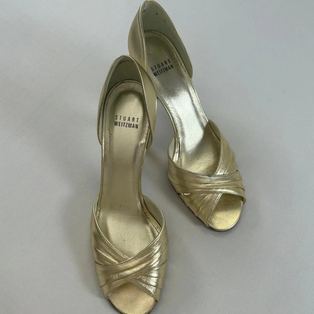 Stuart Weitzman Heels Crissy D'Orsay Womens 8 Gold‎ Leather Peep Toe Pumps